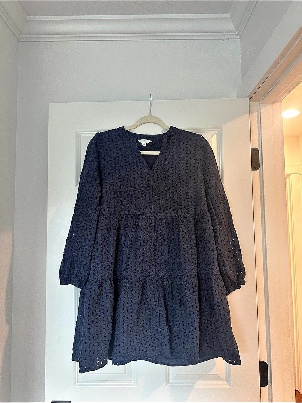 Universal Thread Blue Long-Sleeve Eyelet Smocked-Waist Dress Blue Eyelet Mini